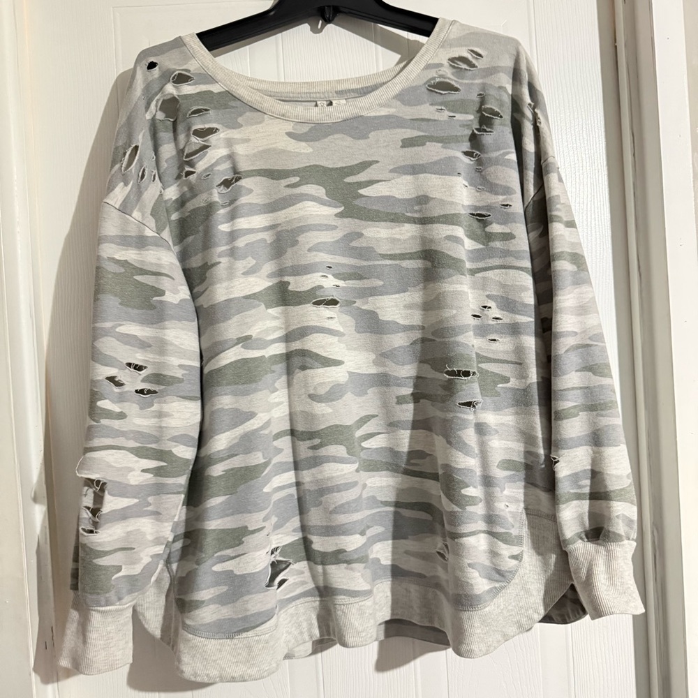 Cato Light Gray & Olive Camo Distressed Sweatshirt